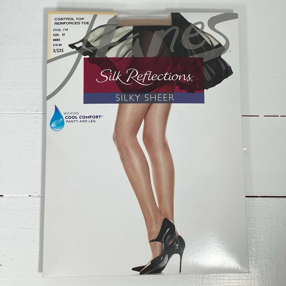 Hanes Pantyhose Silk Reflections Control Top Cool Comfort 718 Size EF Nude New